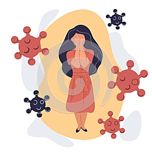 Woman are in anxiety and fear corona virus. Covid-19 virus illustration