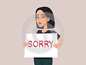 Woman Apologizing Holding a Sorry Sign Vector Cartoon Illustration
