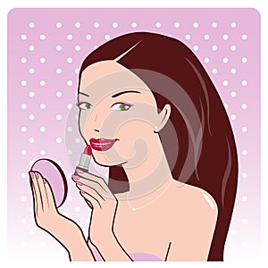 Woman applies lipstick. Vector illustration