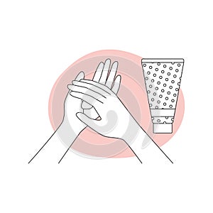 Woman applying cream or moisturizer skincare lotion on skin of hands, line icon