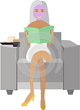 Woman applying face mask sitting at reading magazine at spa salon vector icon isolated on white
