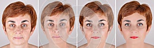 Woman before and after applying make-up and computer retouching photo