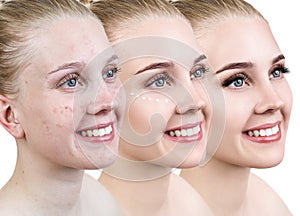 Woman applying makeup by steps.