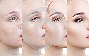 Woman applying makeup by steps.