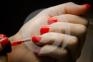 Woman applying nail polish on her manicured nail carefully