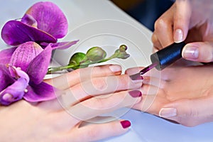 Woman applying nail varnish to finger nails photo