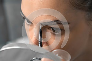 Woman applying paint on eyebrows making beauty procedure at home, closeup view.