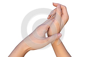 Woman is applying skin care cream to hands photo