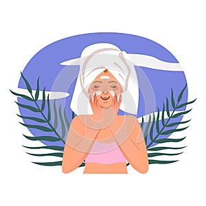 Woman applying SPF, cleansing foam and sunscreen on face. Skincare products at home daily routine illustration. Sun cream products