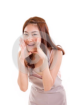 Woman with apron announcing or telling something photo