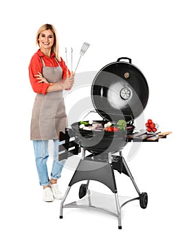 Woman in apron cooking on  grill, white background