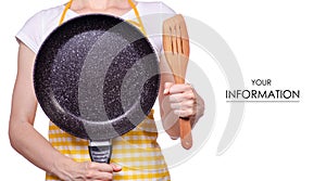 Woman in apron in hand frying pan and kitchen spatula pattern