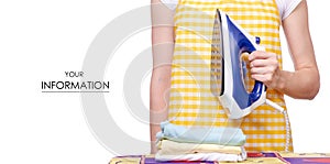 Woman in apron with iron ironing board laundry clothes pattern