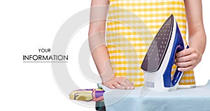 Woman in apron with iron ironing board laundry clothes pattern