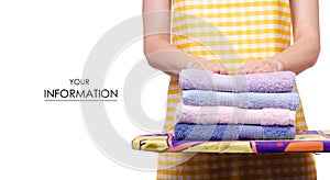 Woman in apron ironing board with towels laundry clothes pattern