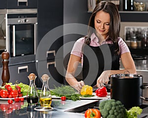 Woman in apron on modern kitchen