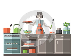 A woman in an apron preparing food in the kitchen. Vector illustration, isolated on white.