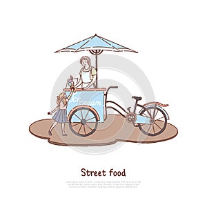 Woman in apron selling sweet dessert, vendor and little child, delicious dairy, summer refreshment, street food banner