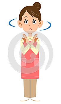 Woman with apron showing refusal gesture