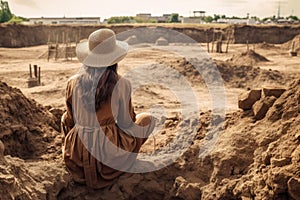 Woman archaeologist dig ground. Generate Ai