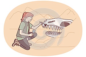 Woman archaeologist near giant dinosaur skull cleans head of ancient animal with brush. Vector image