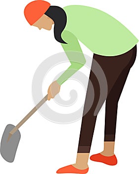 Woman archeologist digging ground with shovel vector icon isolated on white