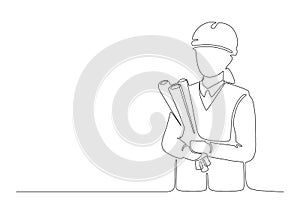 Woman architect builder holding blueprint paper in arm, single continuous line drawing. Professional worker in helmet