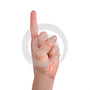 Woman arm with index finger up isolated over white