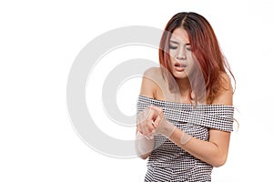 Woman with arm, wrist injury white isolated background