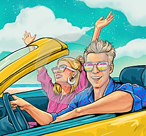 Woman with arms up happy, man driver having fun. Smiling couple in love ride in cabriolet car. Road trip summer vocation