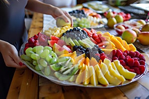 woman arranging a colorful fruit platter on a buffet