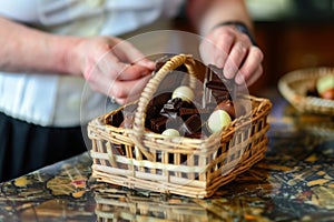 woman arranging gourmet chocolates in a small wicker basket