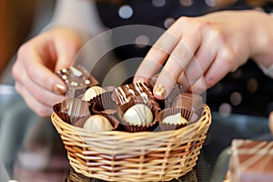 woman arranging gourmet chocolates in a small wicker basket