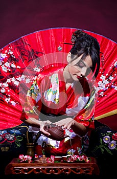 Woman arranging Japanese tea ceremony