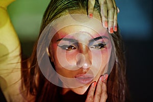 Woman, art and thinking with makeup creativity, lights and pattern projection with cosmetics and beauty. Shadow