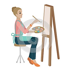 Woman artist sitting on chair with palette and brush. Vector illustration