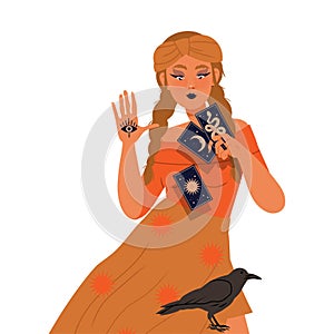 Woman as Fortune Teller or Psychic Holding Tarot Cards Predicting Future or Performing Occult Ritual Vector Illustration