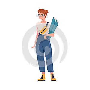 Woman as Modern University Student in Glasses Standing with Bag and Rolled Paper Vector Illustration