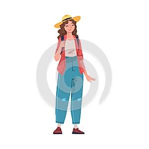Woman as Modern University Student Wearing Wide Brimmed Hat Standing with Backpack Vector Illustration