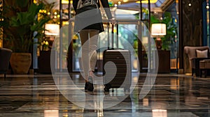 a woman as she pulls her suitcase through the bustling lobby of a modern hotel, embodying the essence of a female