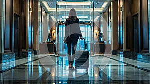 a woman as she pulls her suitcase through the bustling lobby of a modern hotel, embodying the essence of a female