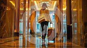 a woman as she pulls her suitcase through the bustling lobby of a modern hotel, embodying the essence of a female