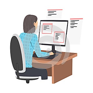 Woman as Software Developer or Programmer Engaged in Coding in Server-side Framework on Computer Vector Illustration