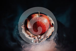 Woman as witch offers red apple - symbol of toxic proposal, lure.