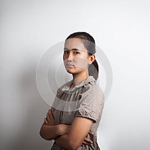 Woman asian crossing arm with upset face