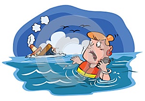 Woman Asking Help on Shipwreck Incident Color Illustration