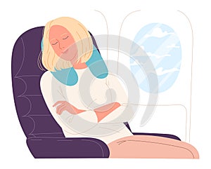 Woman asleep on aircraft flight. Vector illustration