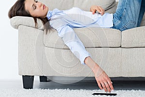 Woman asleep mobile phone floor hand idle leisure