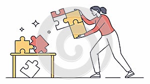 Woman Assembling Large Puzzle Pieces, Problem Solving Concept, vector design Generative AI