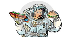 Žena kozmonaut jej. kola horúci pes a hamburger rýchlo jedlo. vzdušnou 